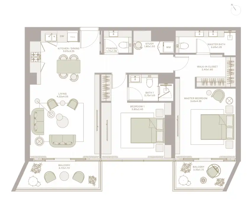 Standard 2BR apartment floor plan at Elm ParkFive